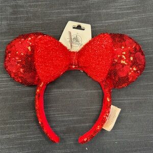 Disney Parks Hidden Mickey Red Sequin Minnie Mouse Ears Headband Red Shimmer Bow